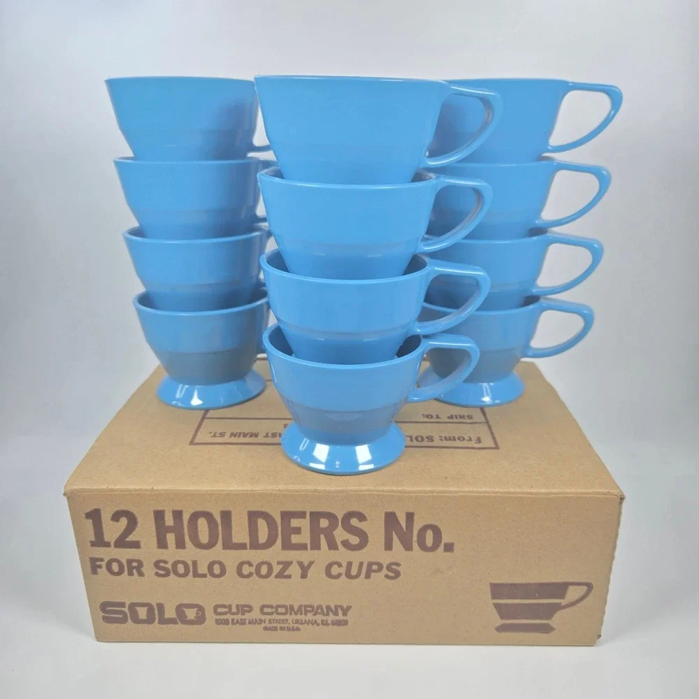 Vintage SOLO Cozy Cup Holders Blue Plastic Stackable 12‎ Original Box Retro MCM